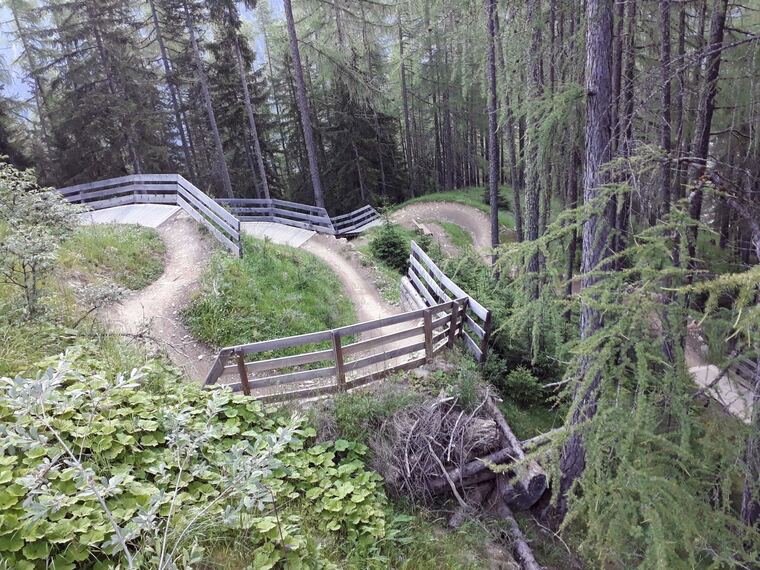Trail mit Kurven und Holzzaun im Wald